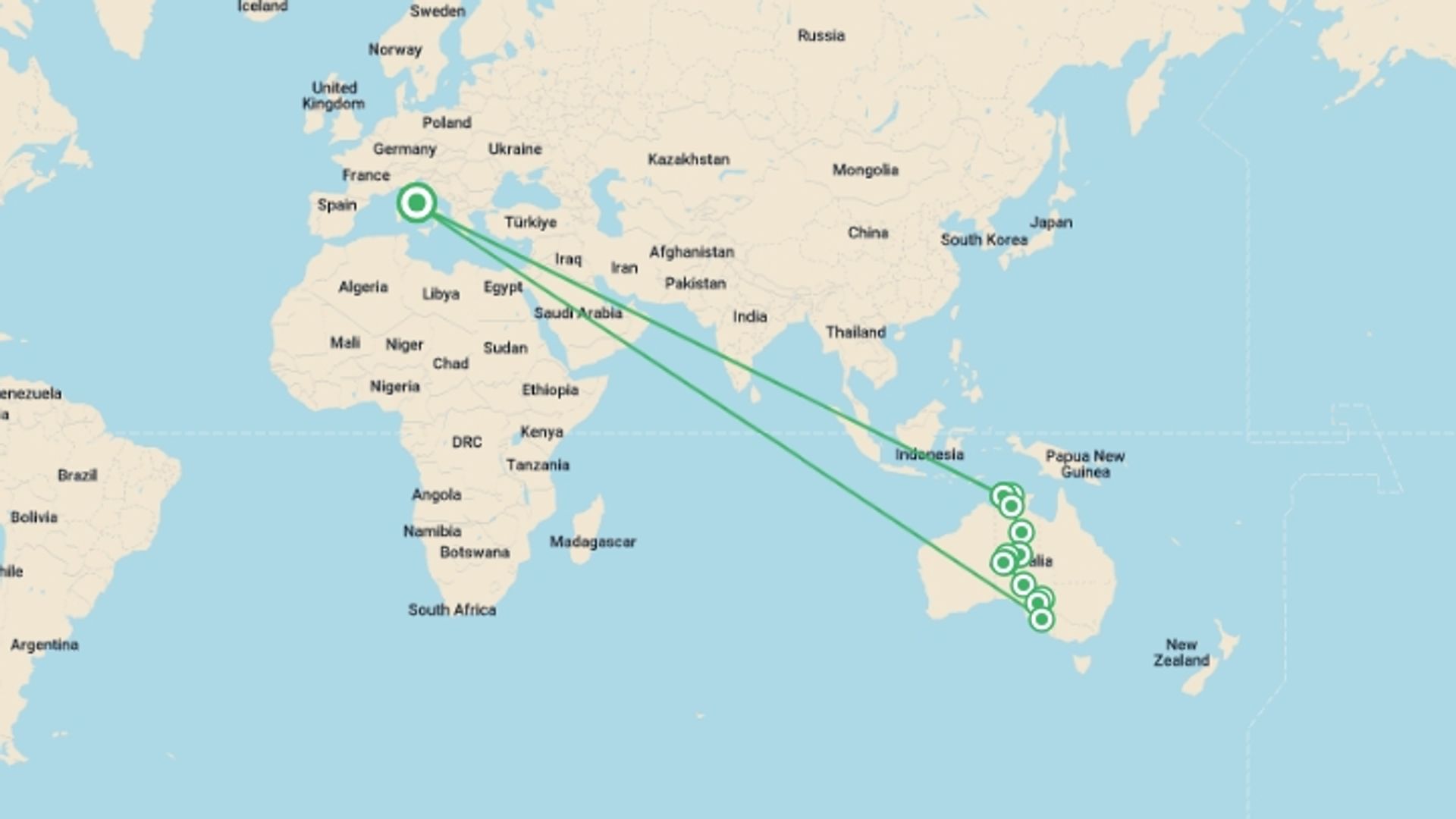A map showing the tour itinerary for the trip: Outback Icons - Small Group, starting in Rome, Italy and ending in Rome, Italy going through 7 other destinations.