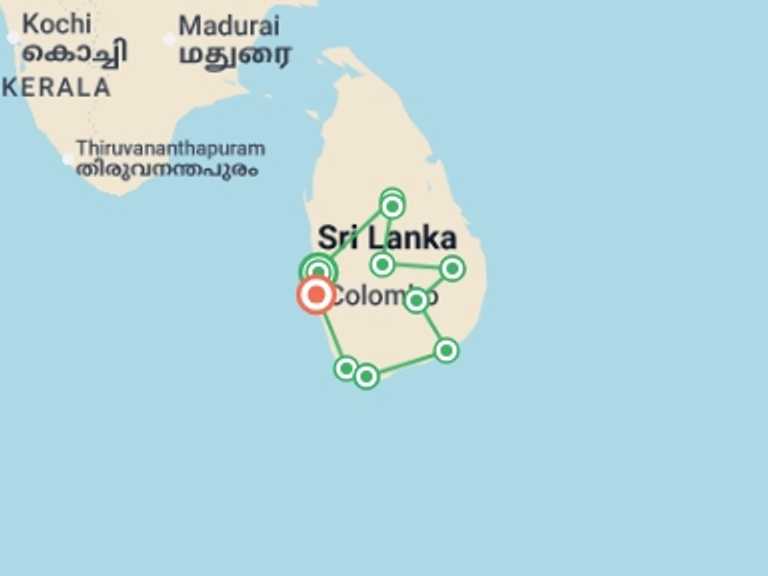 Map of a Natural landmarks sightseeing Tour with 10 destination visits for the trip: Sri Lanka: Wonders & Wildlife – Premium Adventure
