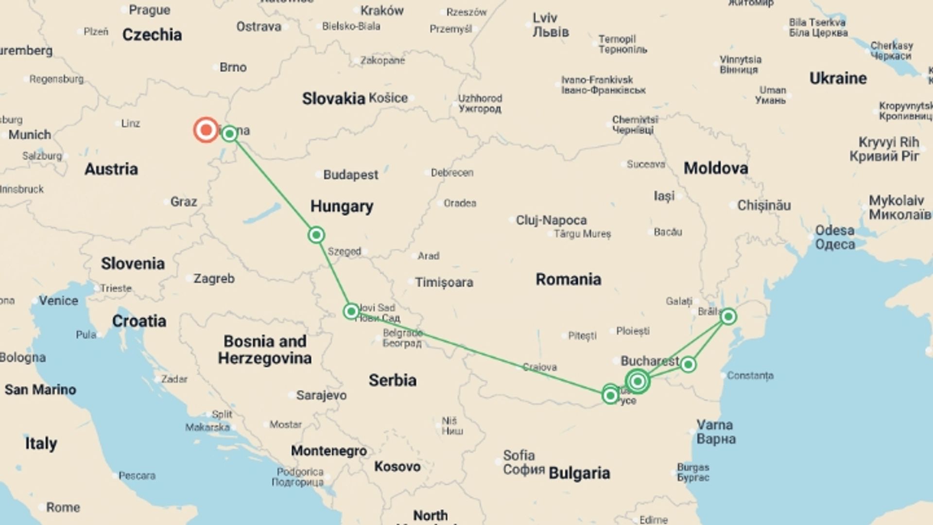 A map showing the tour itinerary for the trip: From the Black Sea to the Blue Danube (port-to-port cruise), starting in Oltnenita, Romania and ending in Vienna, Austria going through 6 other destinations.