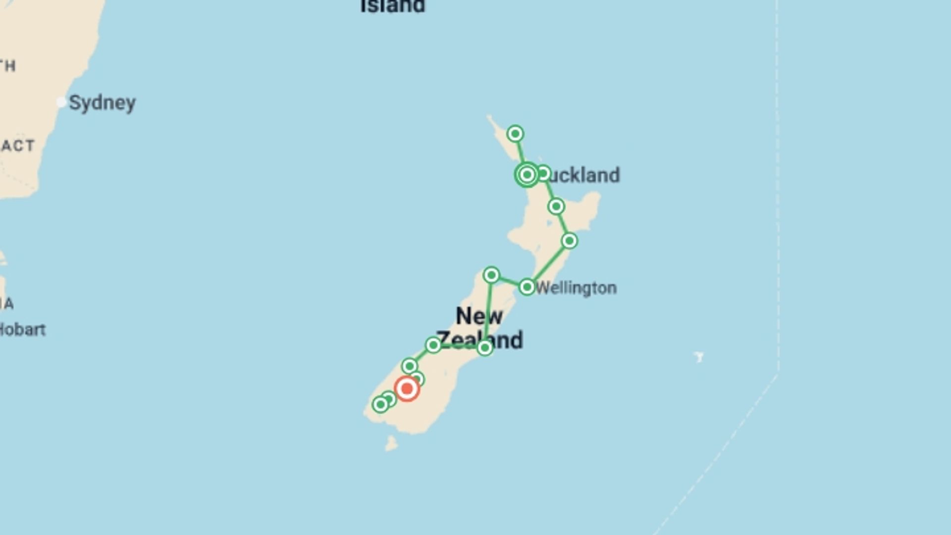 A map showing the tour itinerary for the trip: New Zealand Wonders - 20 days, starting in Auckland, New Zealand and ending in Queenstown, New Zealand going through 12 other destinations.