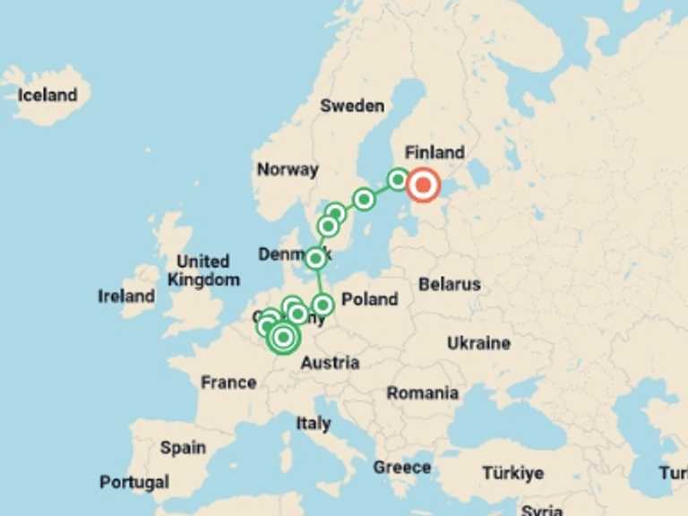 Map of Europe Tour with 8 destination visits for the trip: German Trek End Helsinki