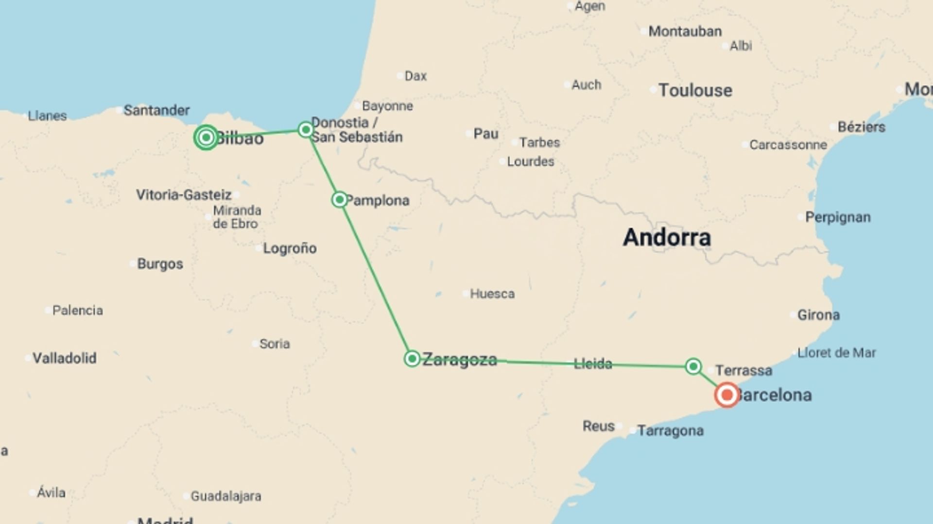 A map showing the tour itinerary for the trip: A Taste of Northern Spain: Catalonia and the Basque Country, starting in Bilbao, Spain and ending in Barcelona, Spain going through 4 other destinations.