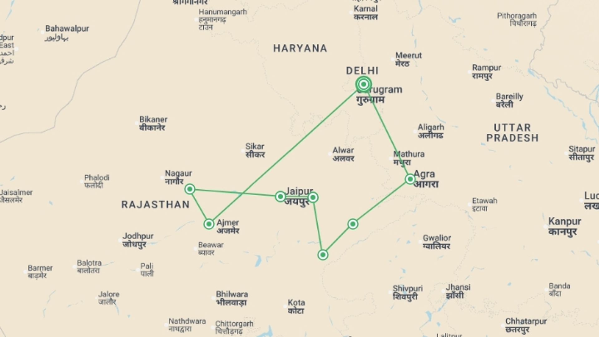 A map showing the tour itinerary for the trip: Rajasthan Highlights by Bike, starting in New Delhi, India and ending in New Delhi, India going through 7 other destinations.