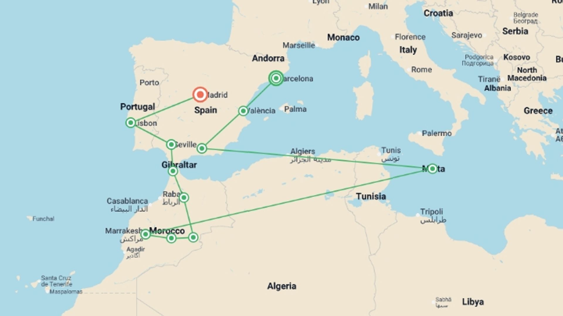 A map showing the tour itinerary for the trip: Spain, Morocco and Portugal (without Alhambra), starting in Barcelona, Spain and ending in Madrid, Spain going through 10 other destinations.