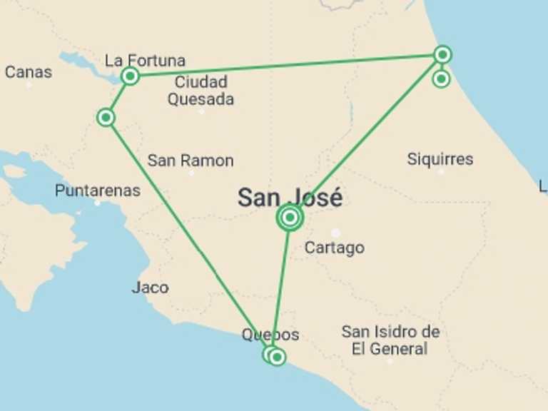 Map of a Active and outdoor Tour with 7 destination visits for the trip: Essential Costa Rica - Package With Manuel Antonio National Park