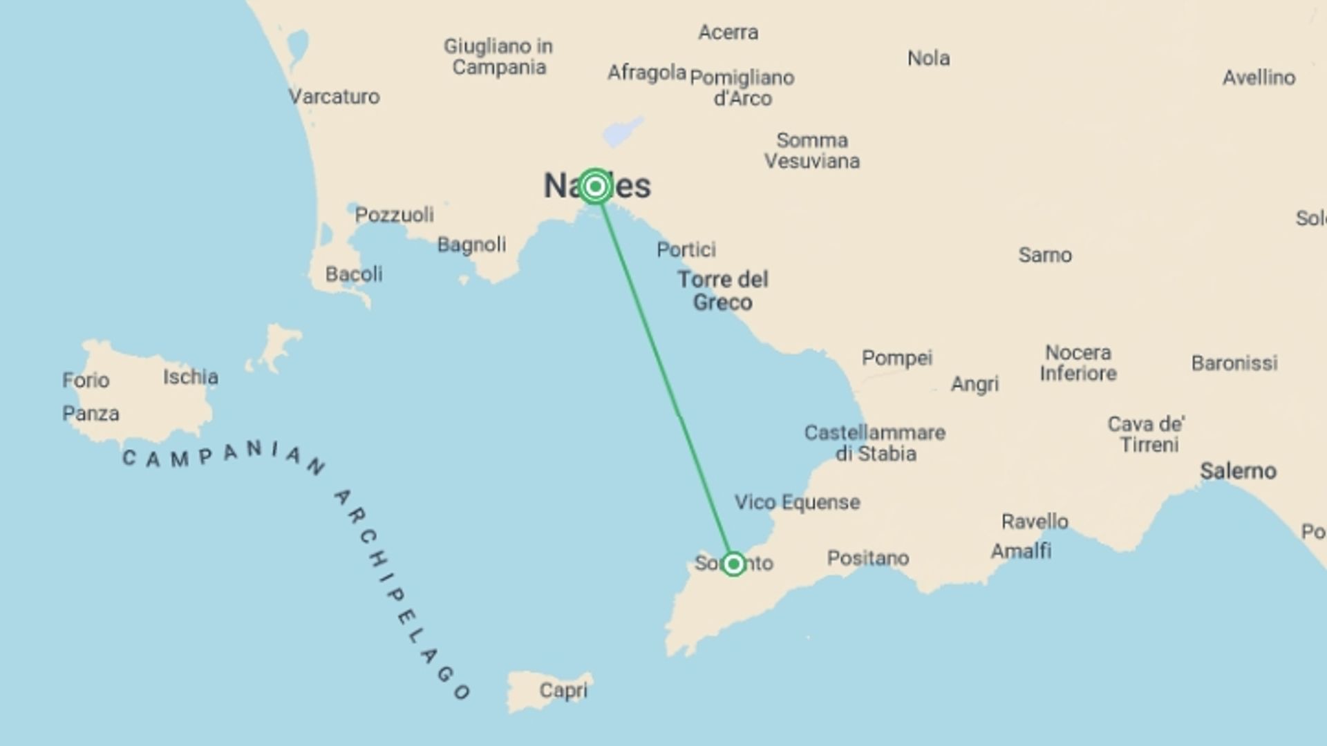 A map showing the tour itinerary for the trip: Local Living Italy—Sorrento, starting in Naples, Italy and ending in Naples, Italy going through 2 other destinations.