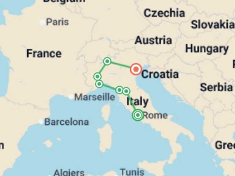 Map itinerary of Italy Tour in August 2027 with 7 destination visits for the trip: Best of Italy