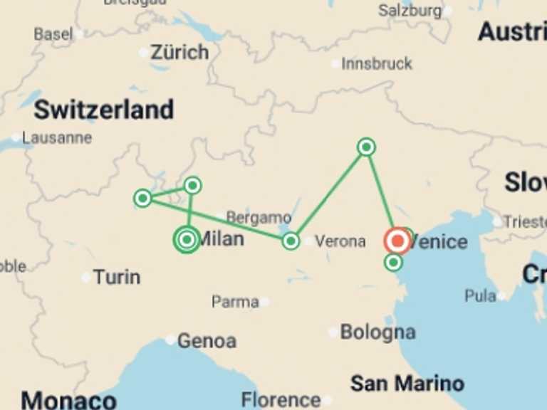 Map of Mediterranean River cruise Tour with 7 destination visits for the trip: Cruise & Tour: Savor Northern Italy (2027)