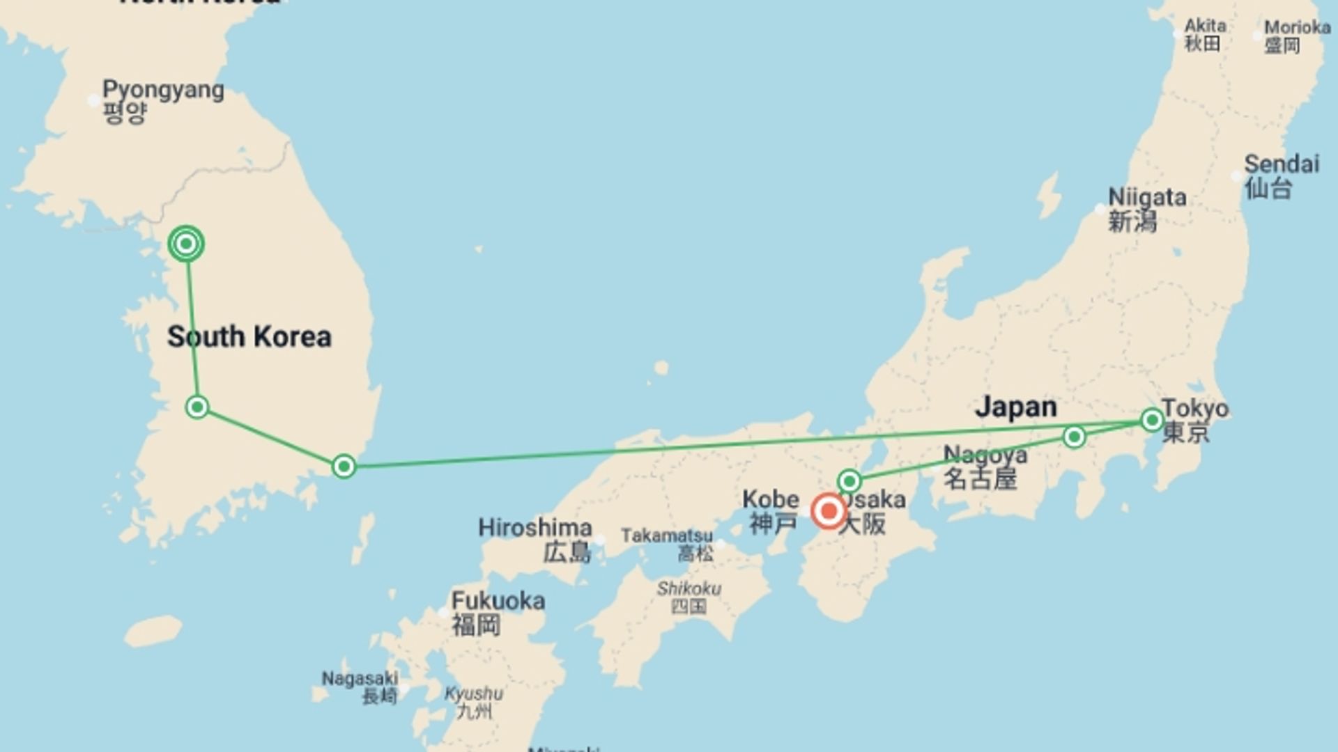 A map showing the tour itinerary for the trip: Shining Korea and Essential Japan, starting in Seoul, South Korea and ending in Osaka, Japan going through 5 other destinations.