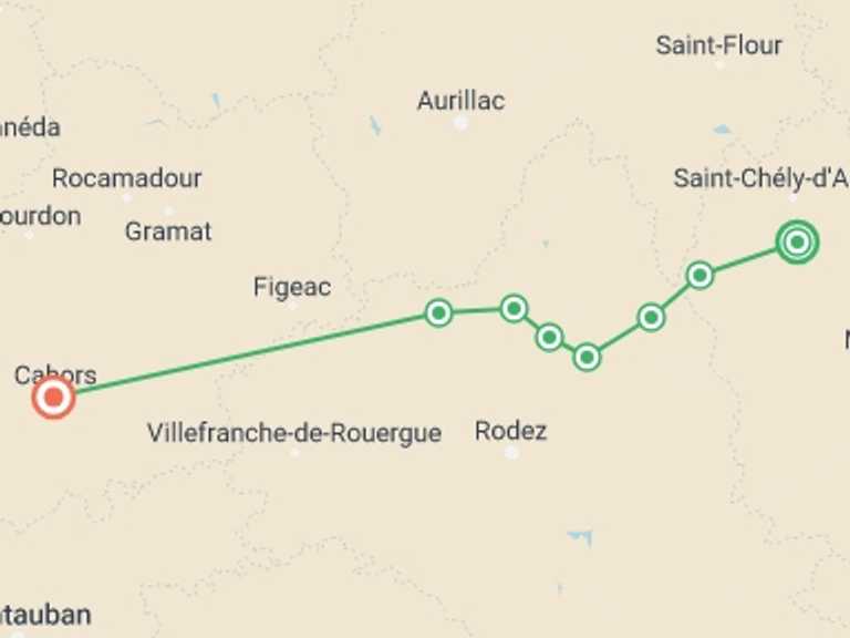 Map of The Way of St. James Walking Tour with 9 destination visits for the trip: Le Puy Camino - Aumont to Conques