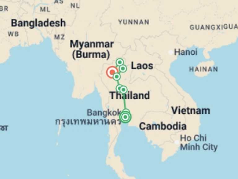 Map of Asia Tour with 5 destination visits for the trip: Experience Thailand 9 Days - Bangkok To The North, Small Group Tour (english Only)