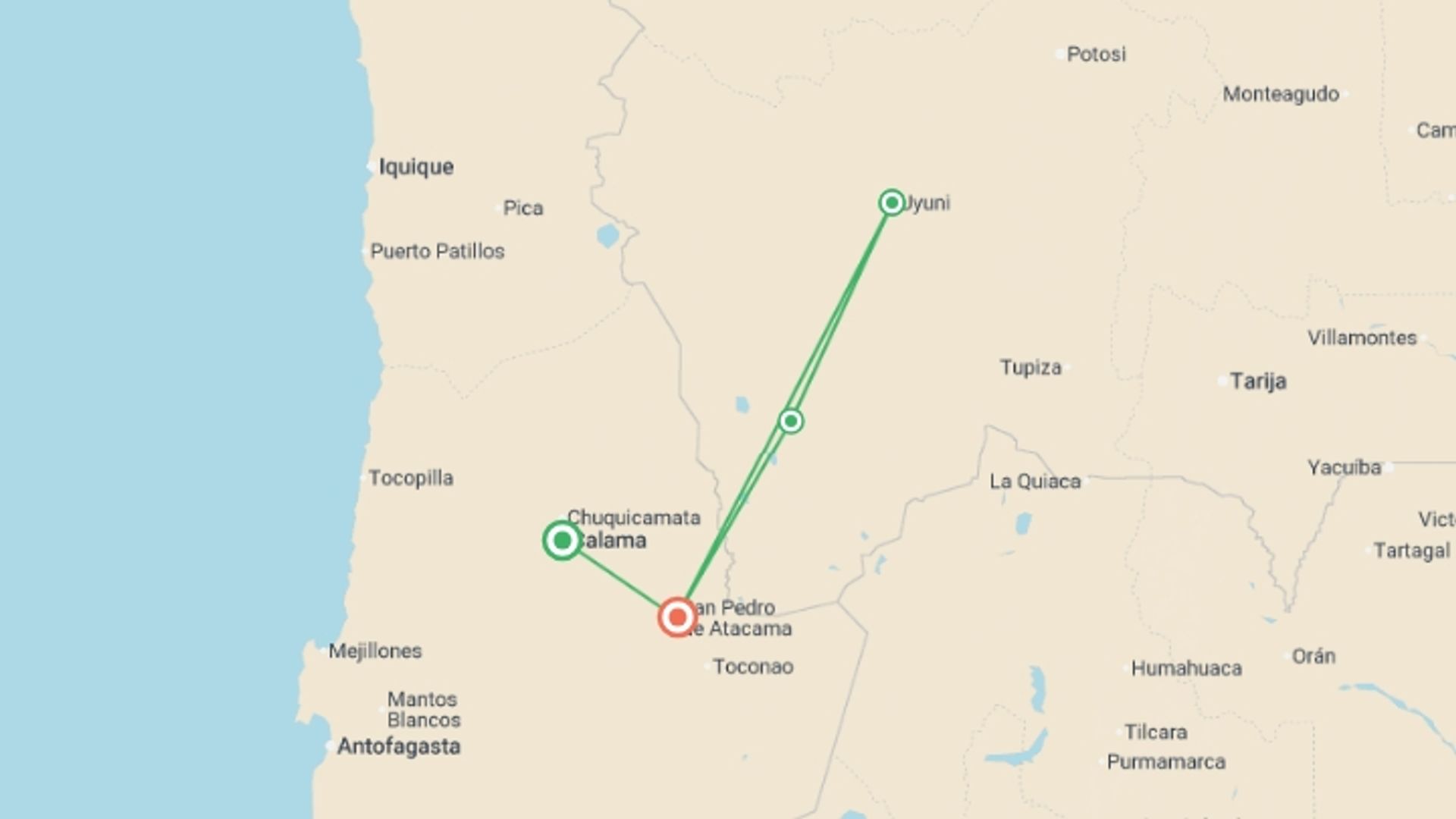 A map showing the tour itinerary for the trip: Atacama & Uyuni Salt Flats Adventure 7D/6N, starting in Calama, Chile and ending in San Pedro De Atacama, Chile going through 2 other destinations.