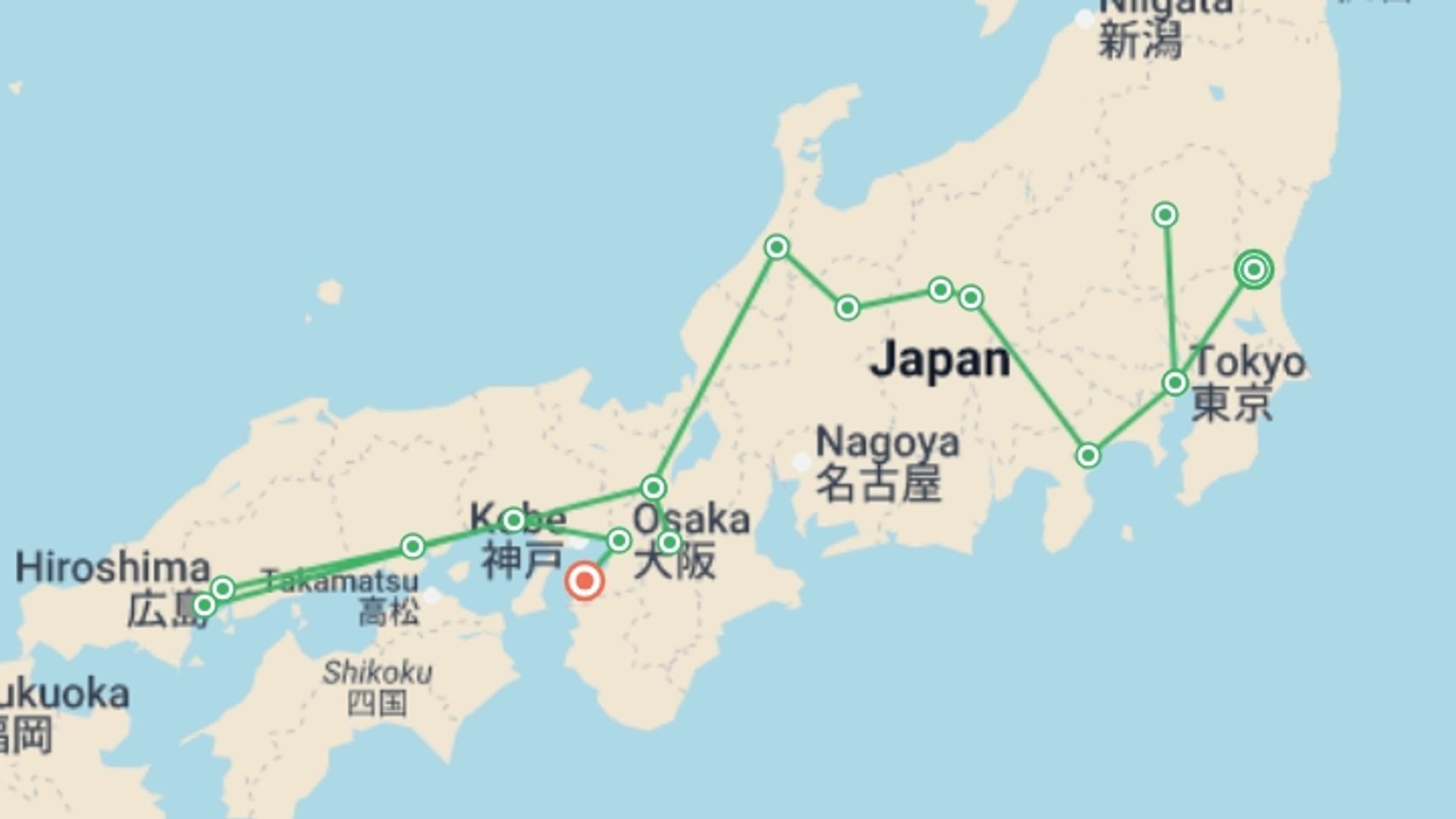 A map showing the tour itinerary for the trip: Japan In-depth Discovery Tour, starting in Mito, Japan and ending in Kansai, Japan going through 8 other destinations.