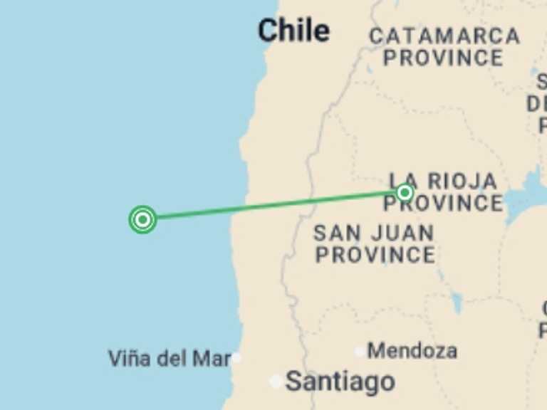 Map itinerary of South America Tour in November 2026 with 3 destination visits for the trip: Argentina: San Juan: Ischigualasto and Talampaya - 4 days