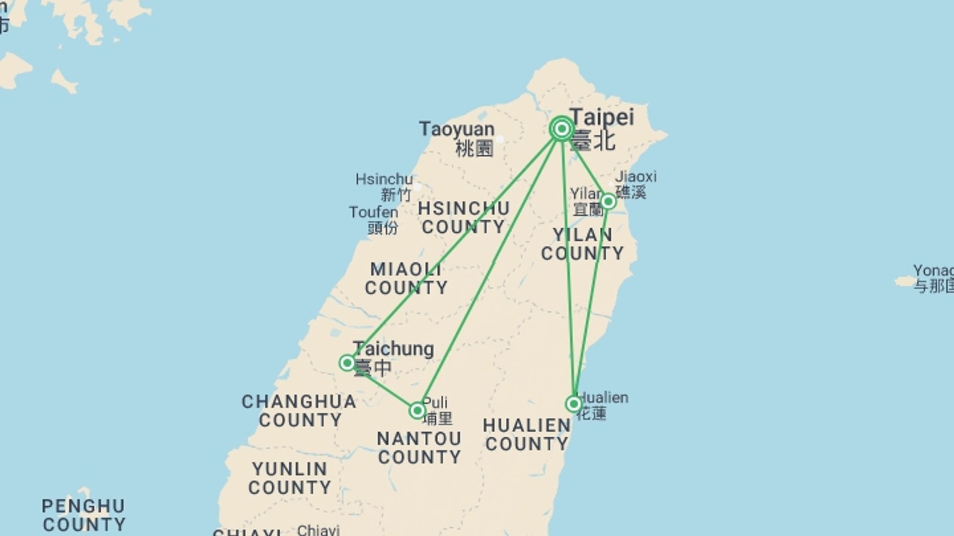 A map showing the tour itinerary for the trip: Explore Taiwan, starting in Taipei, Taiwan and ending in Taipei, Taiwan going through 4 other destinations.