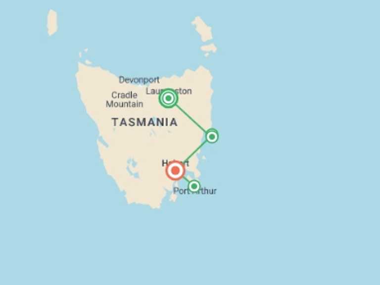 Map of Oceania Tour with 5 destination visits for the trip: Tassie Getaway