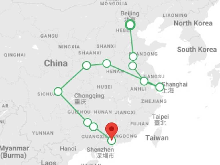 Map itinerary of Nanjing Tour in Spring with 11 destination visits for the trip: Northern and southern China end Guangzhou