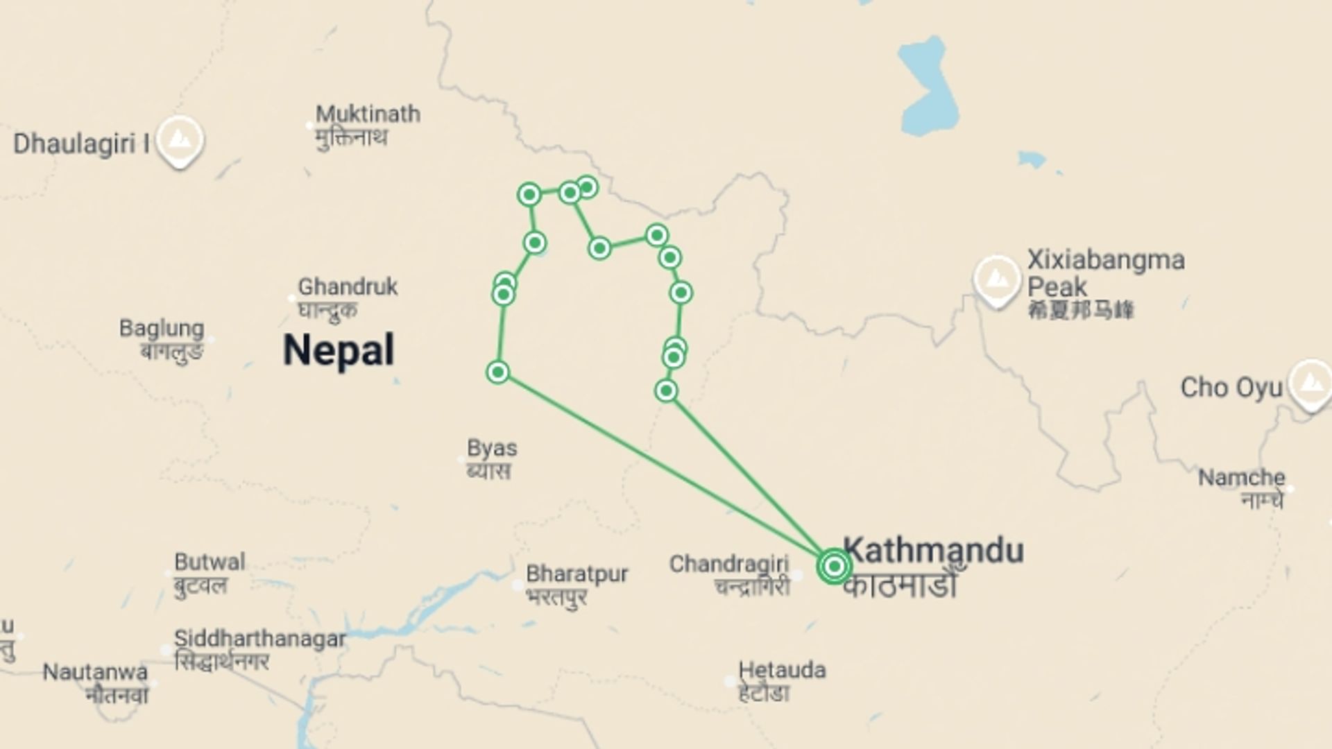 A map showing the tour itinerary for the trip: Manaslu Circuit Trek, starting in Kathmandu, Nepal and ending in Kathmandu, Nepal going through 13 other destinations.