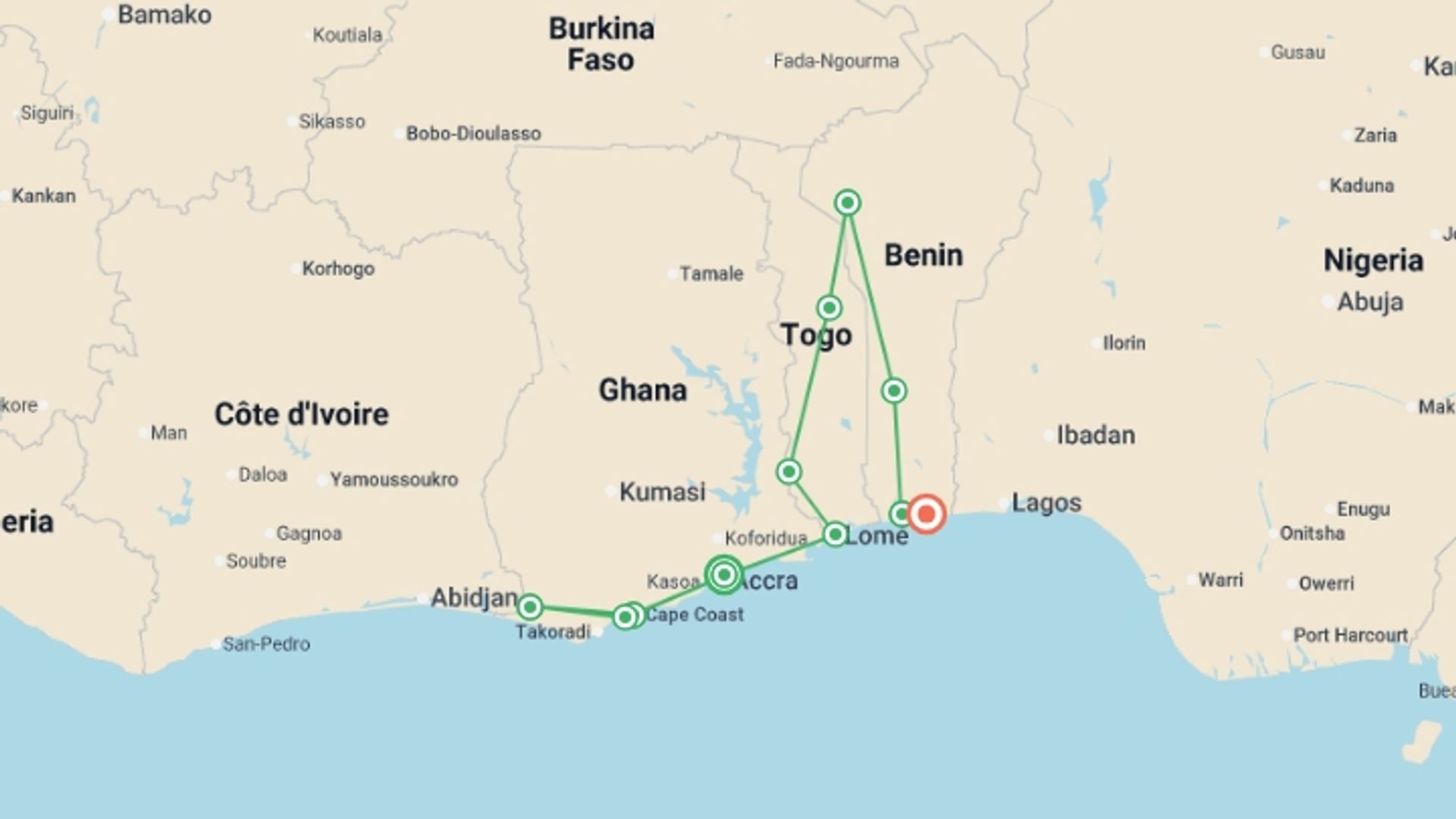 A map showing the tour itinerary for the trip: Ghana, Togo, & Benin: Castles, Coastlines and Voodoo Discoveries, starting in Accra, Ghana and ending in Cotonou, Benin going through 9 other destinations.