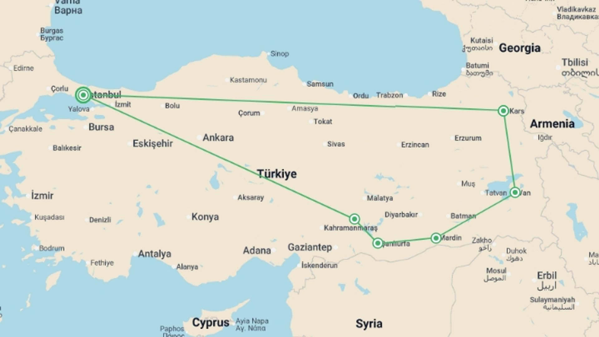 A map showing the tour itinerary for the trip: Eastern Turkey Adventure, starting in Istanbul, Turkey and ending in Istanbul, Turkey going through 5 other destinations.