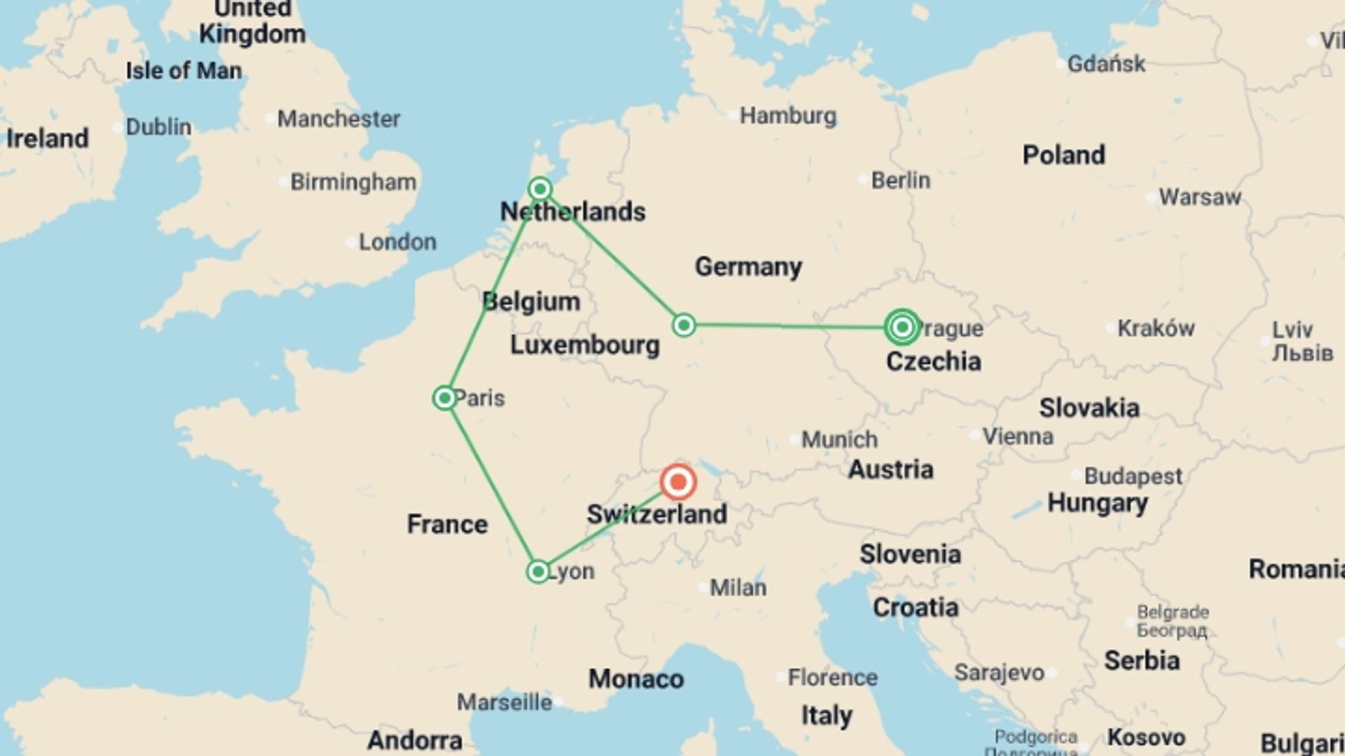 A map showing the tour itinerary for the trip: Secrets in White and Green GO, starting in Prague, Czech Republic and ending in Zurich, Switzerland going through 4 other destinations.
