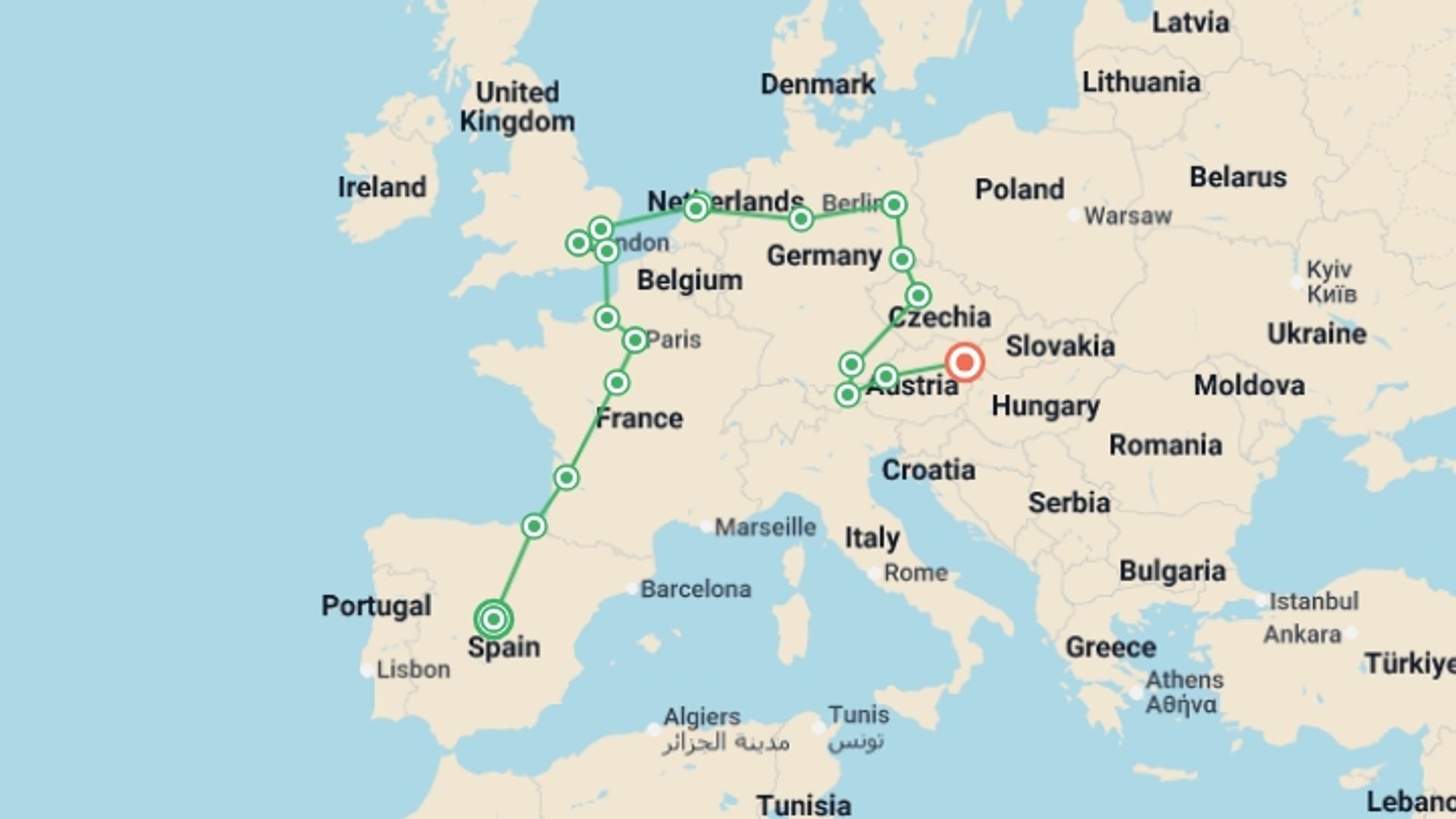 A map showing the tour itinerary for the trip: Great European Route, Ending in Vienna, starting in Madrid, Spain and ending in Vienna, Austria going through 9 other destinations.