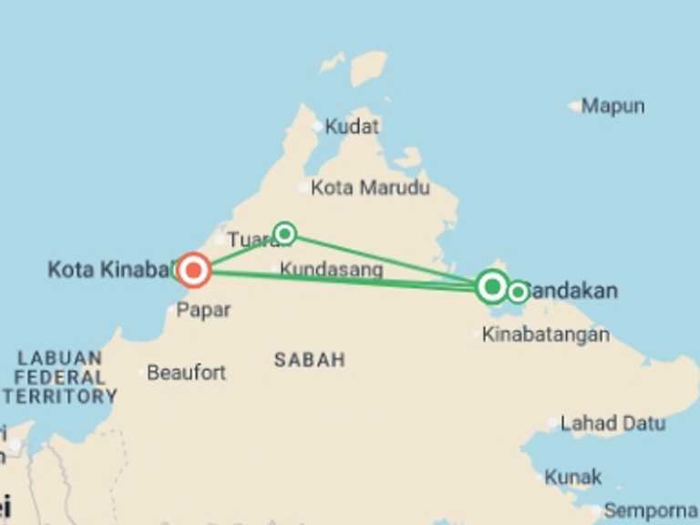 Map itinerary of South East Asia Tour in September 2027 with 5 destination visits for the trip: Borneo Family Holiday Comfort