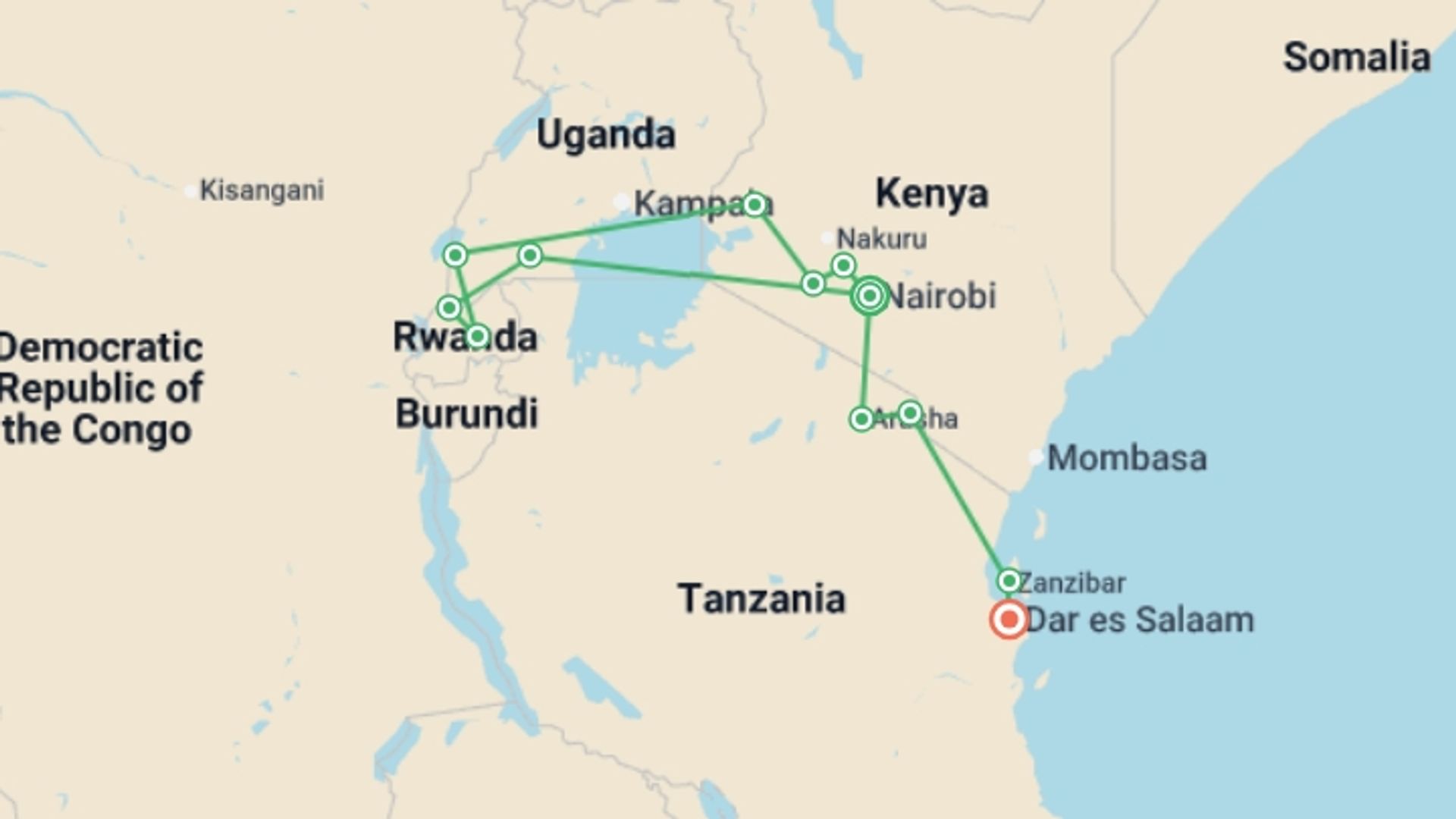 A map showing the tour itinerary for the trip: Nairobi To Dar Es Salaam (34 Days), starting in Nairobi, Kenya and ending in Dar Es Salaam, Tanzania going through 9 other destinations.