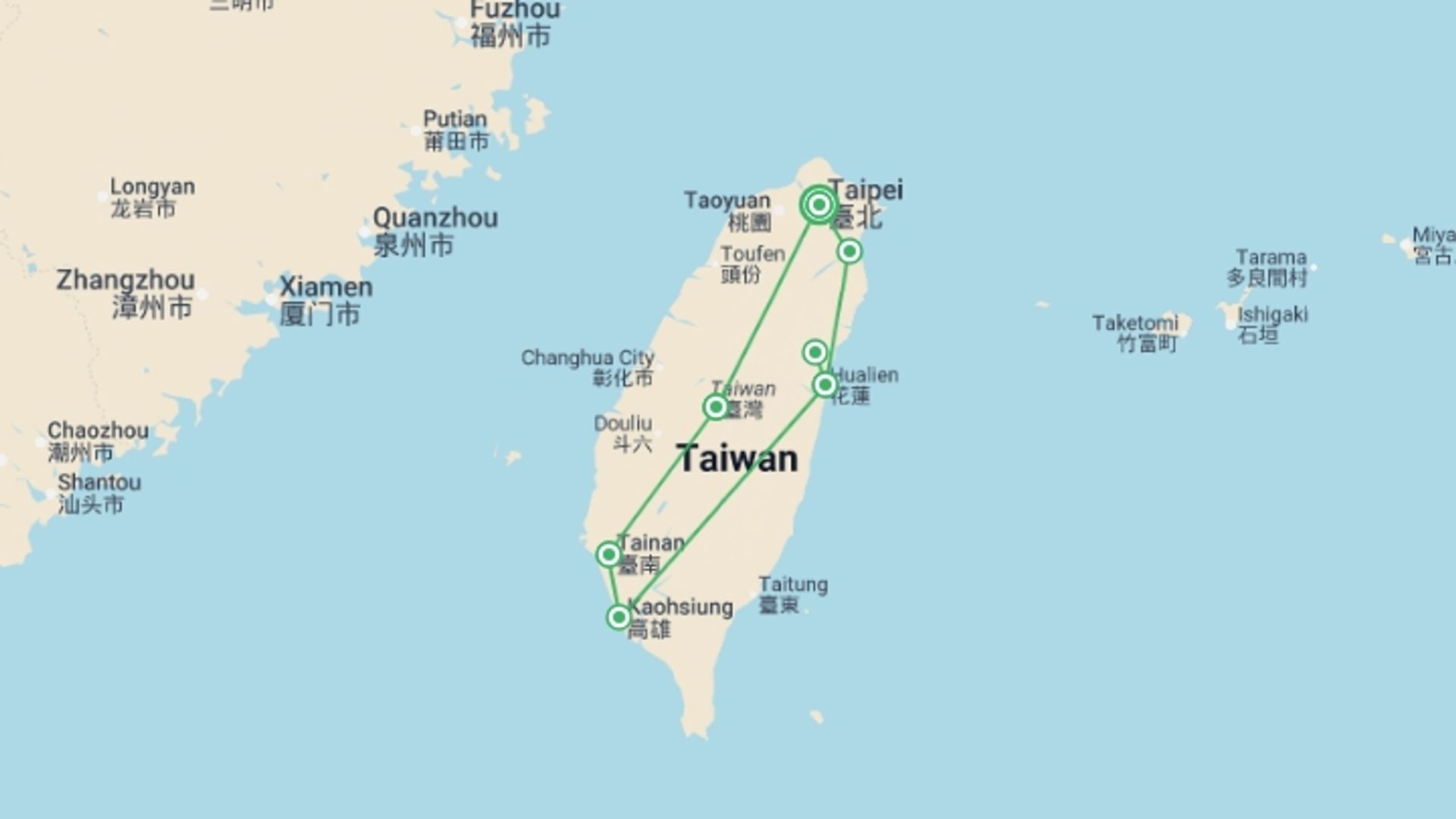 A map showing the tour itinerary for the trip: Essential Taiwan Adventure - 12 days , starting in Taipei, Taiwan and ending in Taipei, Taiwan going through 5 other destinations.