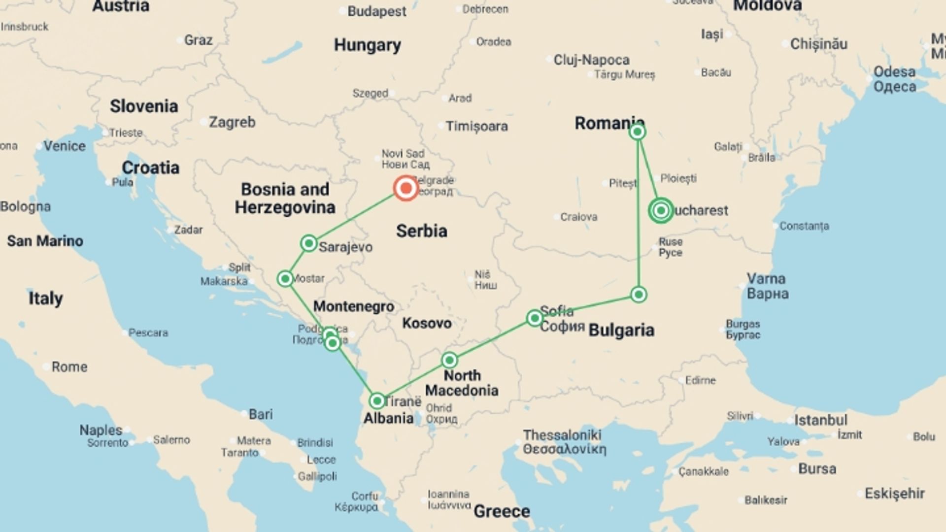 A map showing the tour itinerary for the trip: Balkan Adventure, starting in Bucharest, Romania and ending in Belgrade, Serbia going through 7 other destinations.