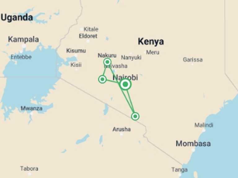 Map of Kenya Tour with 5 destination visits for the trip: 6 Days  Amboseli, Nakuru Masai Mara Safari