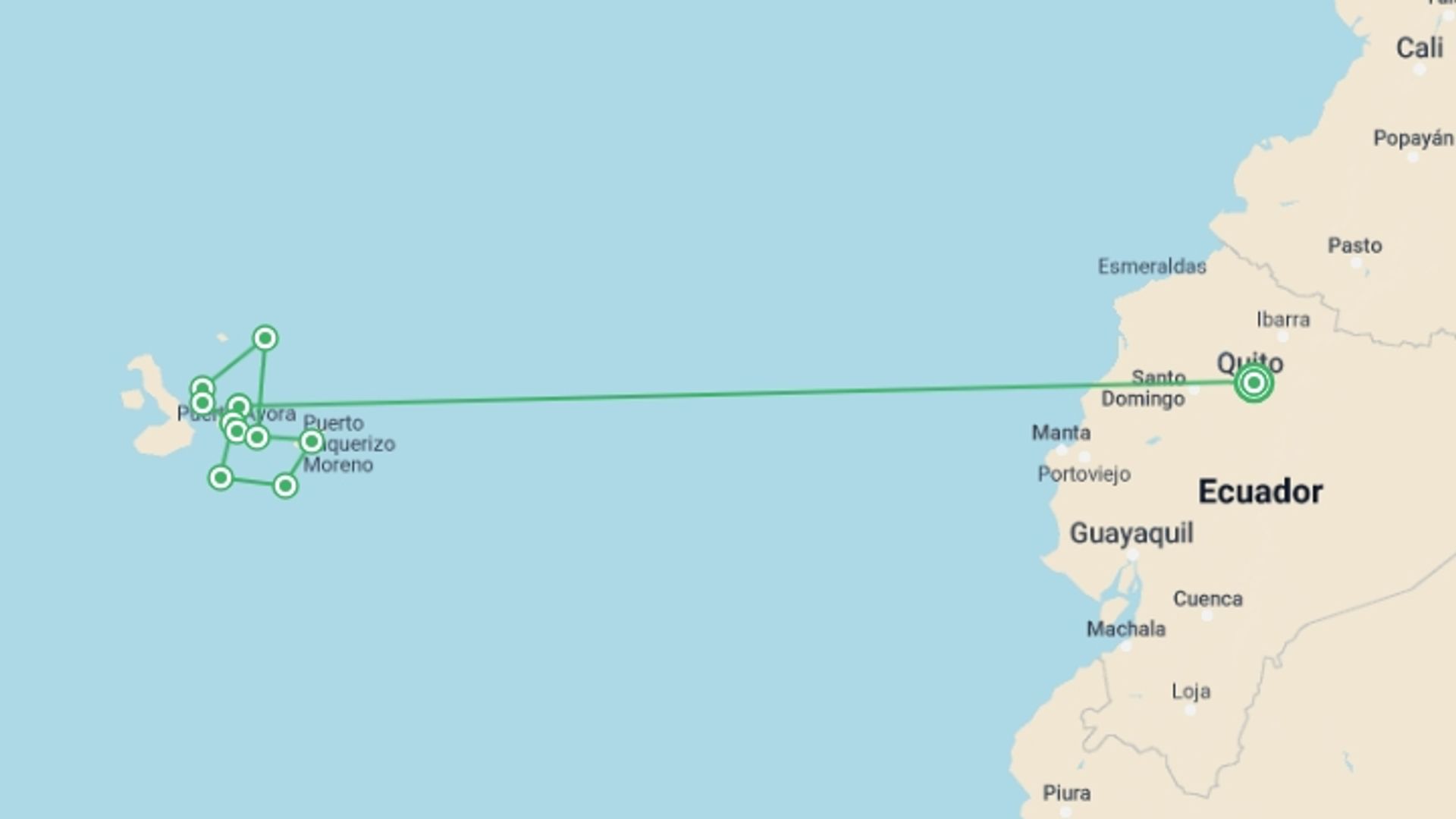 A map showing the tour itinerary for the trip: Complete Galapagos (Grand Daphne), starting in Quito, Ecuador and ending in Quito, Ecuador going through 7 other destinations.