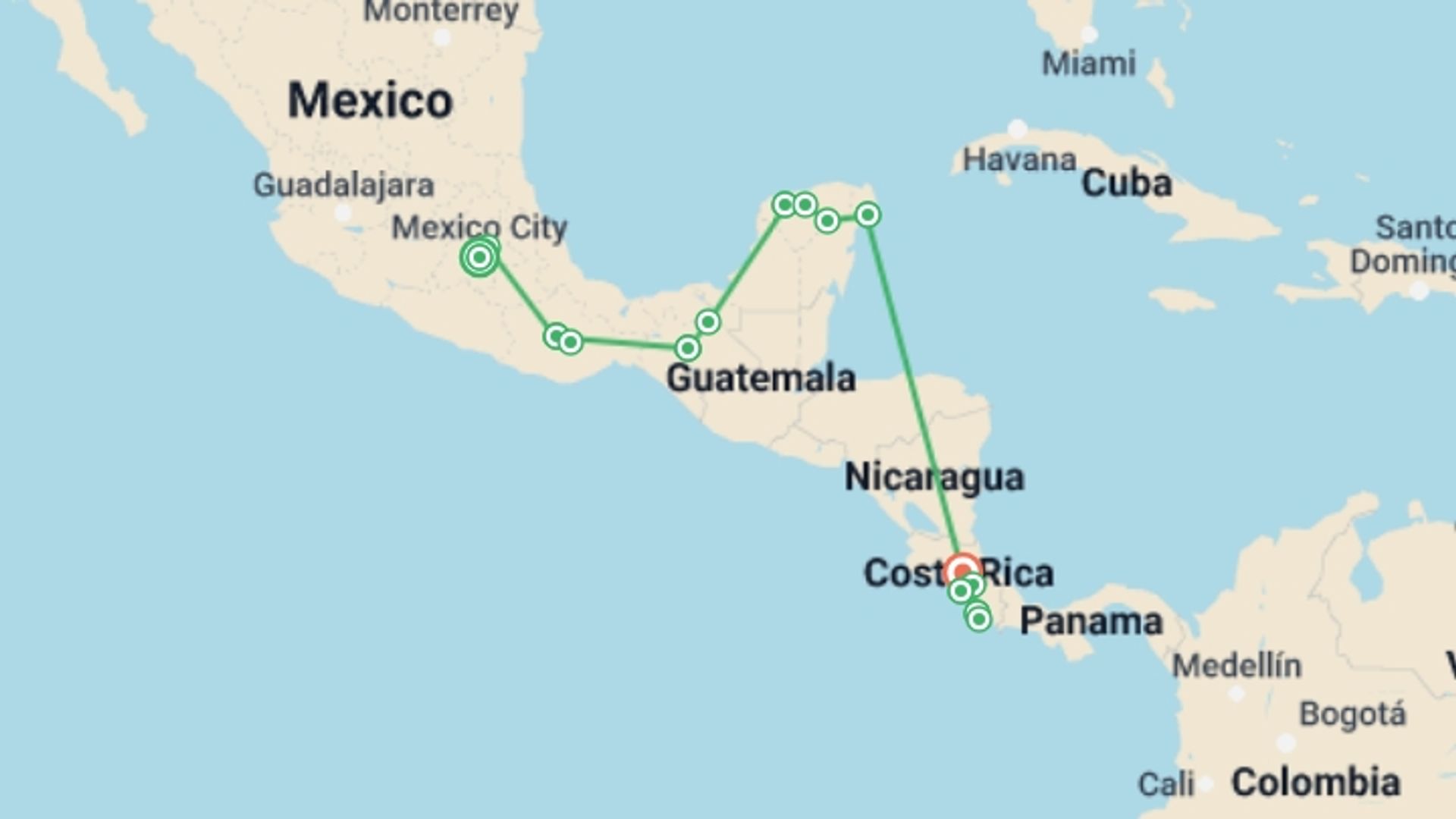 A map showing the tour itinerary for the trip: Best of Mexico & Costa Rica, starting in Mexico City, Mexico and ending in San Jose, Costa Rica going through 9 other destinations.
