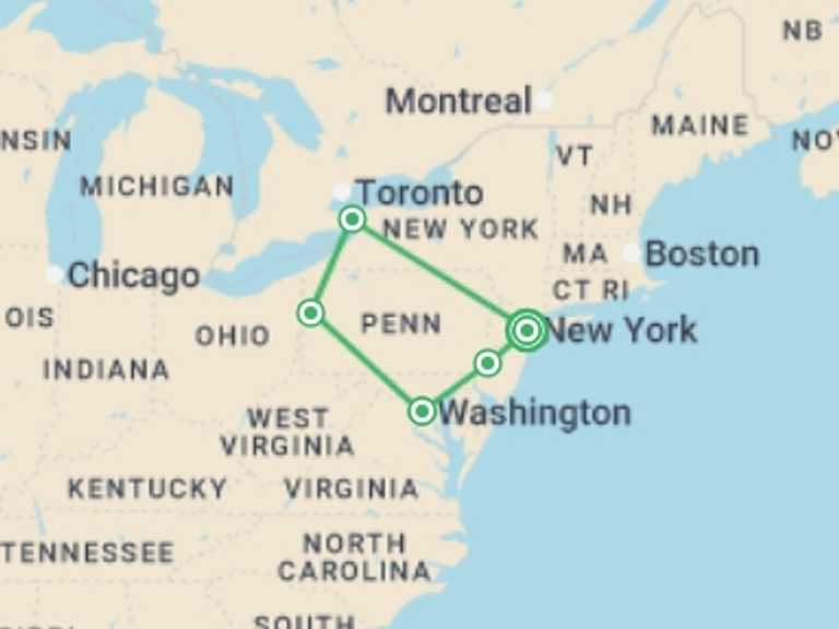 Map of a Adventure and sport Tour with 5 destination visits for the trip: Great Eastern Cities