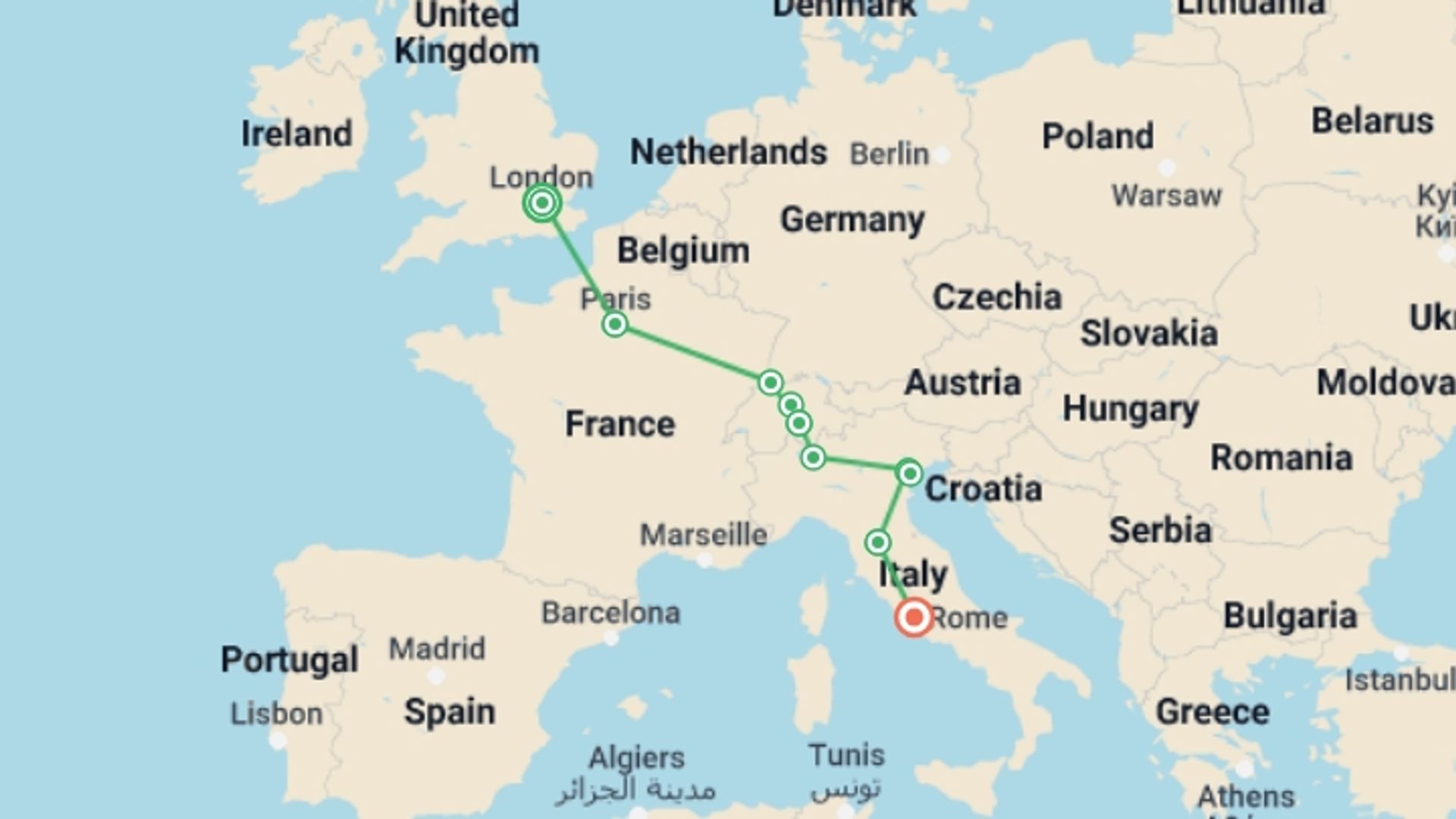 A map showing the tour itinerary for the trip: Treasures of Europe from London to Rome, starting in London, England and ending in Rome, Italy going through 0 other destinations.