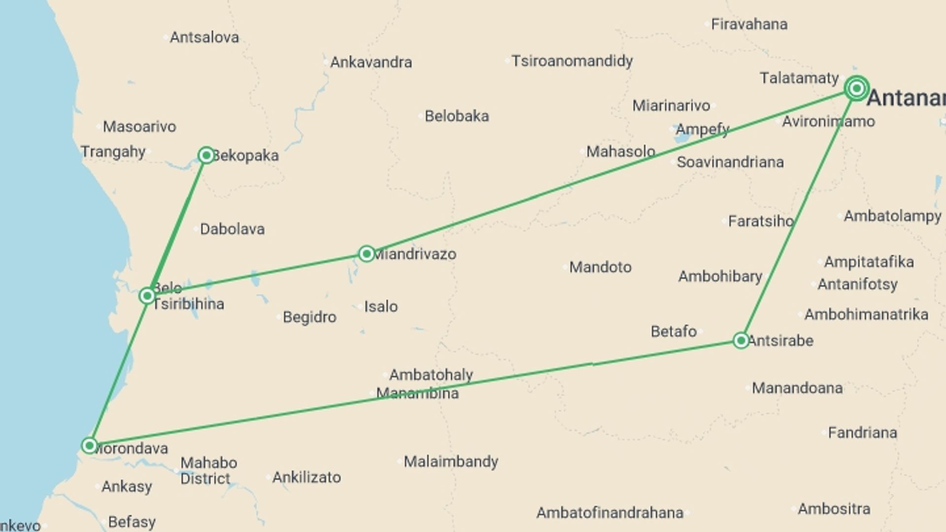 A map showing the tour itinerary for the trip: Madagascar Baobabs & Beyond, starting in Antananarivo, Madagascar and ending in Antananarivo, Madagascar going through 5 other destinations.