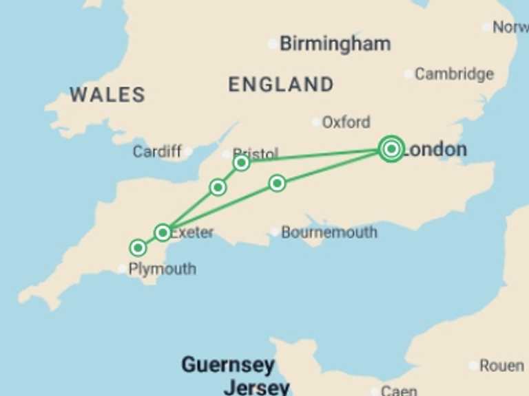 Map of London Explorer Tour with 2 destination visits for the trip: Southwest England Express - 3 days