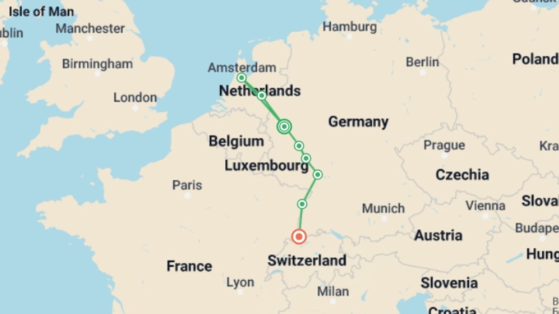 A map showing the tour itinerary for the trip: Magical Rhine, starting in Cologne, Germany and ending in Basel, Switzerland going through 6 other destinations.