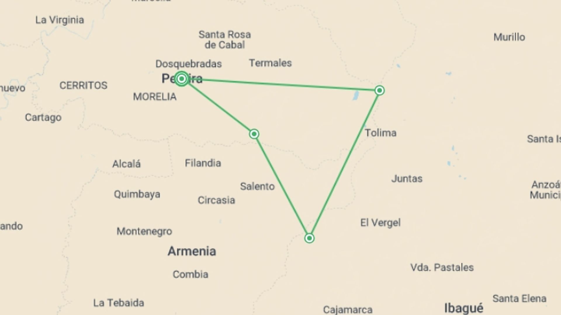 A map showing the tour itinerary for the trip: Coffee and Mountains: Eje Cafetero and Los Nevados, starting in Pereira, Colombia and ending in Pereira, Colombia going through 5 other destinations.