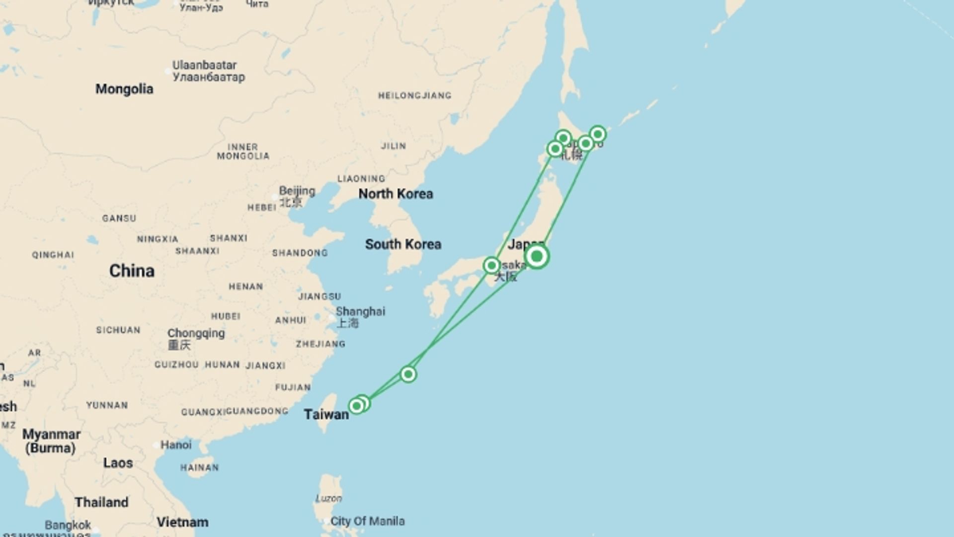 A map showing the tour itinerary for the trip: Active Japan: North to South Adventure, starting in Tokyo, Japan and ending in Tokyo, Japan going through 8 other destinations.