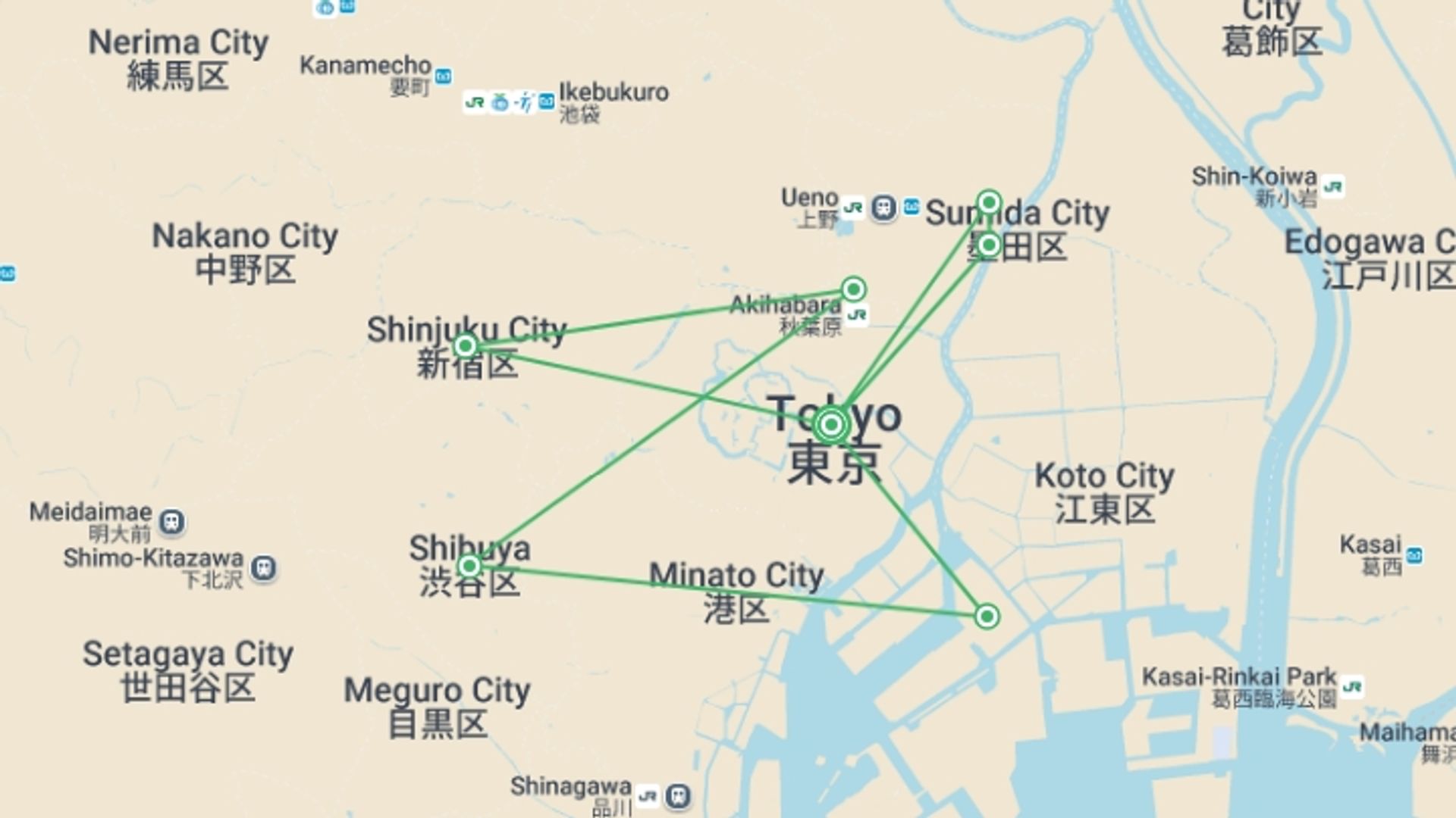 A map showing the tour itinerary for the trip: Tokyo Welcome Package 4D/3N (with Narita Airport Transfer), starting in Tokyo, Japan and ending in Tokyo, Japan going through 0 other destinations.