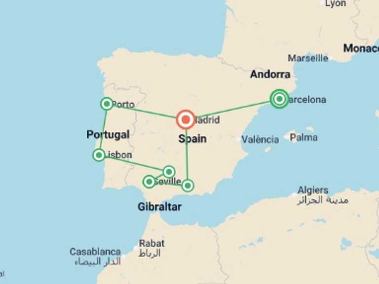 Map itinerary of Spain Tour in March 2027 with 7 destination visits for the trip: Iberian Escape: Spain & Portugal Small Group Tour