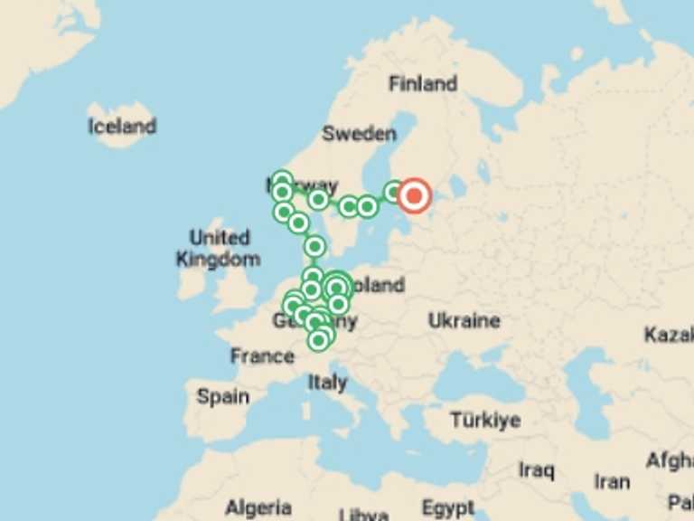 Map itinerary of Europe Tour in June 2026 with 13 destination visits for the trip: Germany and Scandinavia end Helsinki