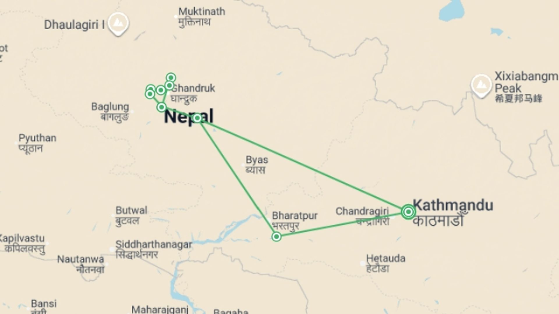 A map showing the tour itinerary for the trip: Annapurna Panorama - 12 days, starting in Kathmandu, Nepal and ending in Kathmandu, Nepal going through 8 other destinations.