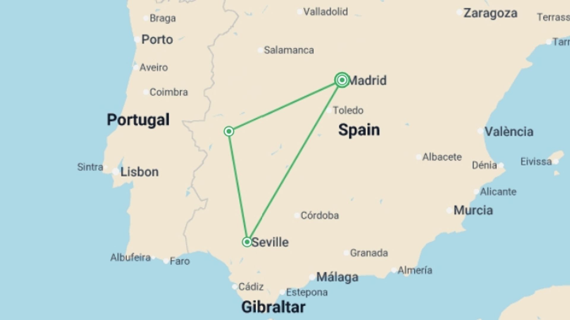A map showing the tour itinerary for the trip: Caceres & Seville Express - 2 days, starting in Madrid, Spain and ending in Madrid, Spain going through 1 other destinations.