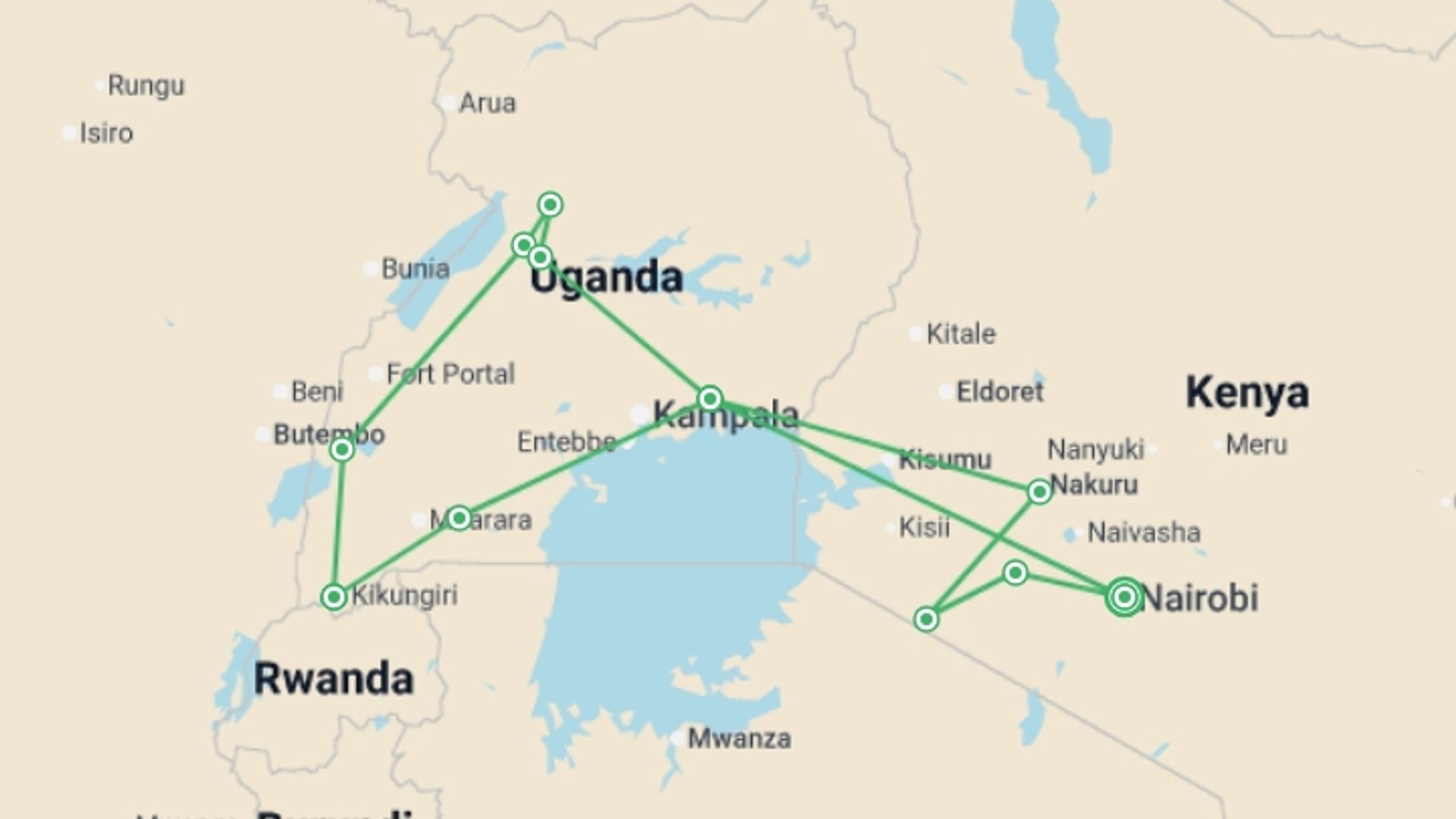 A map showing the tour itinerary for the trip: Gorillas & Plains, starting in Nairobi, Kenya and ending in Nairobi, Kenya going through 9 other destinations.