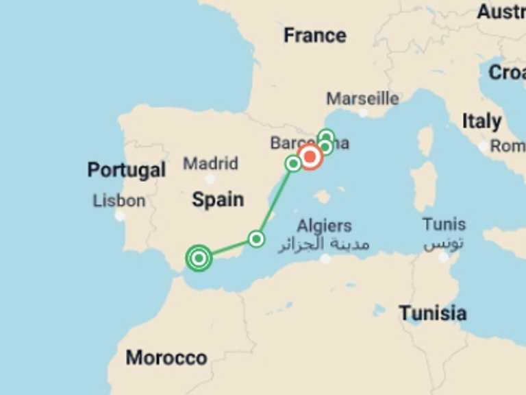 Map itinerary of Malaga Tour in Spring with 5 destination visits for the trip: Malaga to Barcelona - Following the footsteps of three wondrous Spanish artists : Gaudi, Dali, and Picasso (port-to-port package)