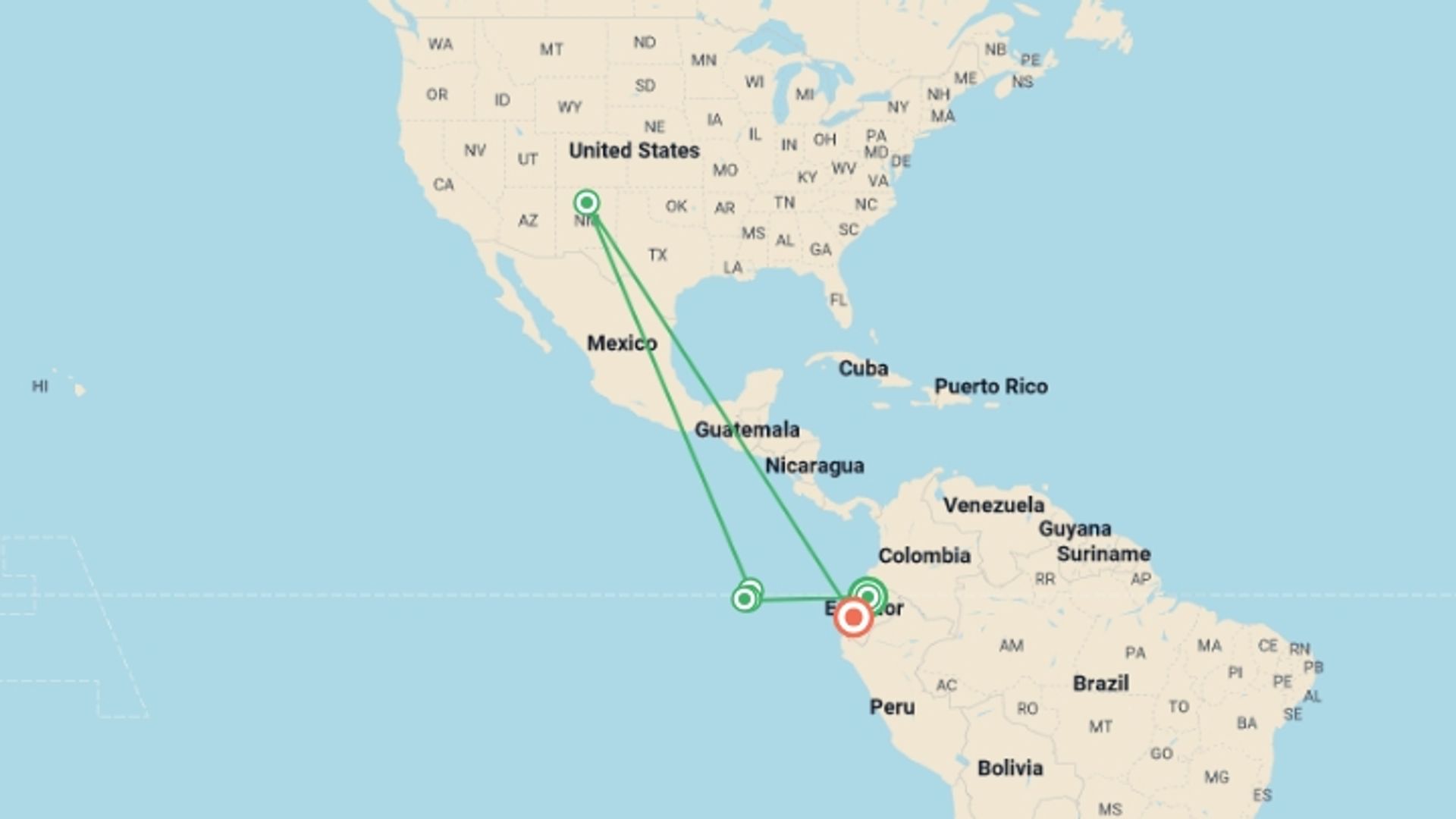 A map showing the tour itinerary for the trip: Galapagos Escape - Solaris (Itinerary B), starting in Quito, Ecuador and ending in Guayaquil, Ecuador going through 4 other destinations.