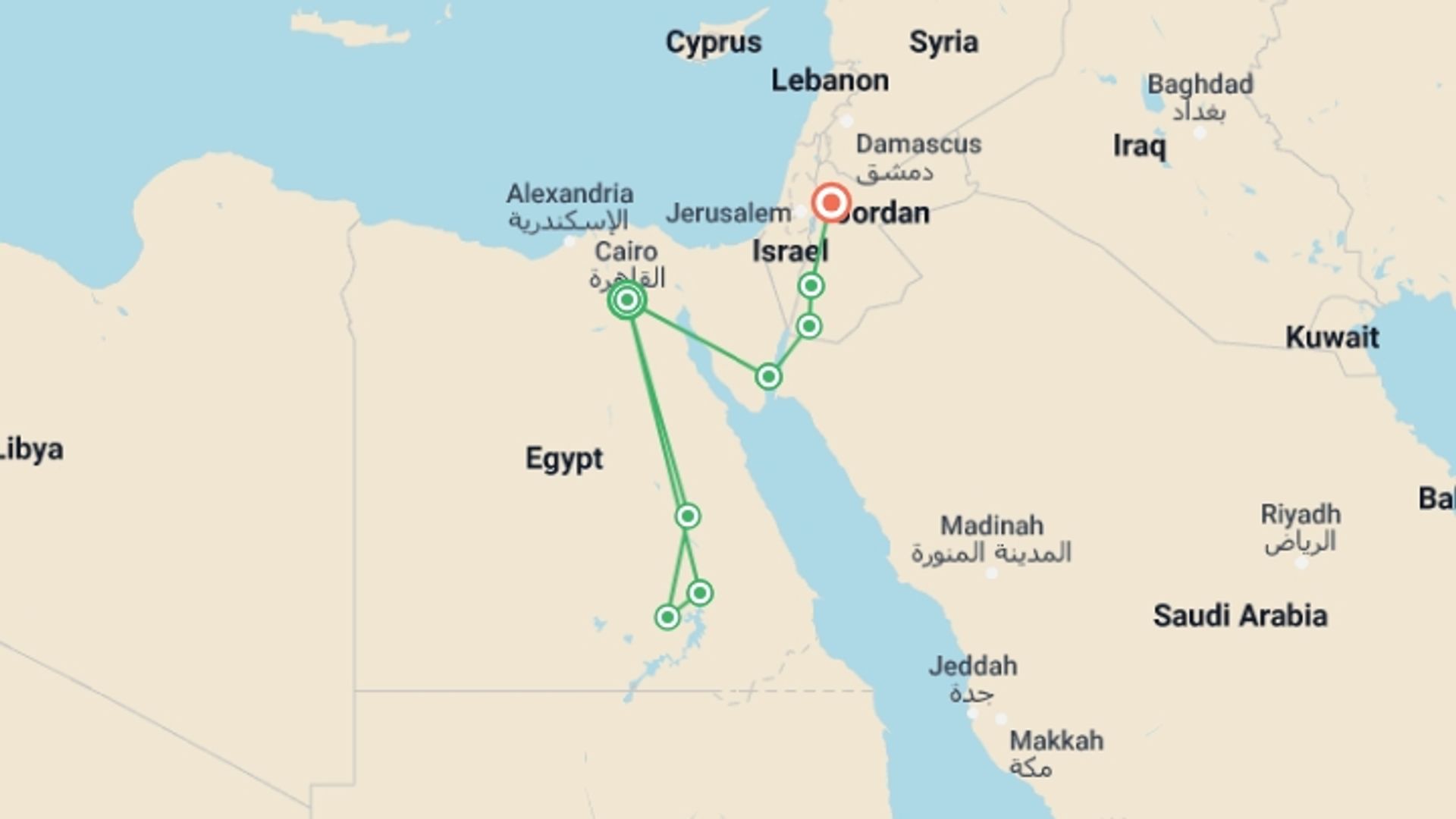 A map showing the tour itinerary for the trip: Egypt & Jordan Discovered By Land  (5 & 4 Star Hotels), starting in Cairo, Egypt and ending in Amman, Jordan going through 6 other destinations.