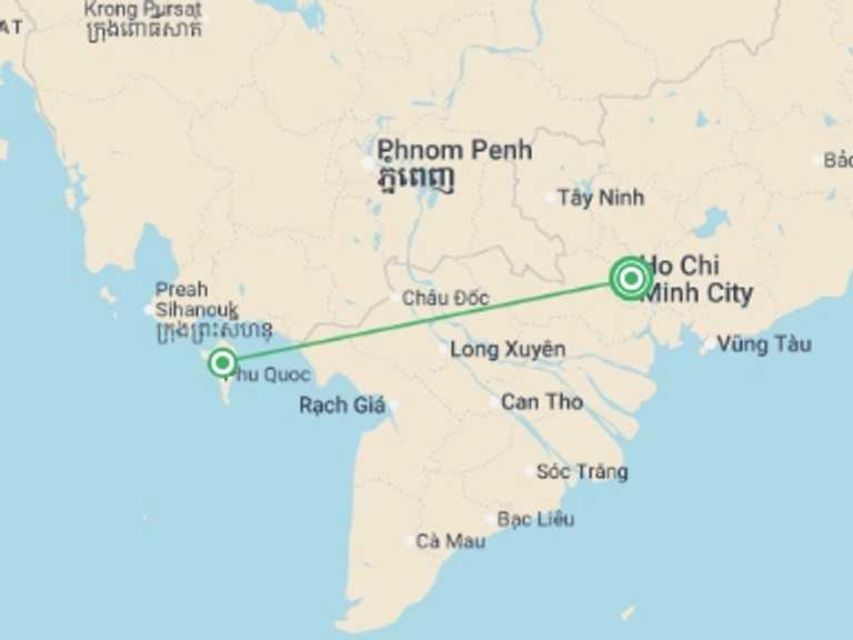 Map itinerary of South East Asia Tour in March 2026 with 2 destination visits for the trip: Saigon & Phu Quoc Paradise (Superior) - 8 days